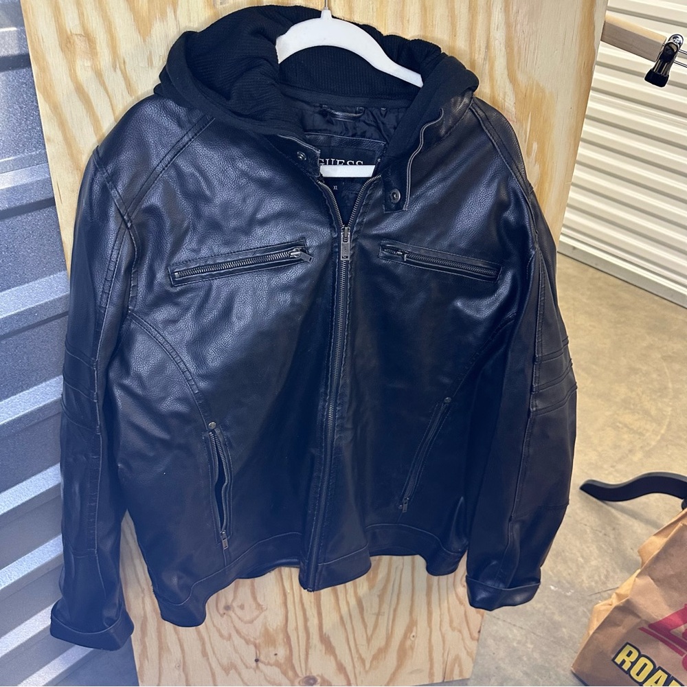 GUESS Menโs Black Faux Leather Moto Jacketโ Removable Hood Size XL